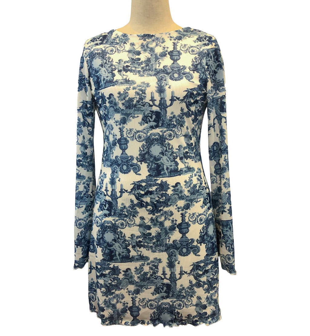 Bell Sleeve Toile Print Open Back Mini Dress - Blue