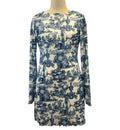 Bell Sleeve Toile Print Open Back Mini Dress - Blue