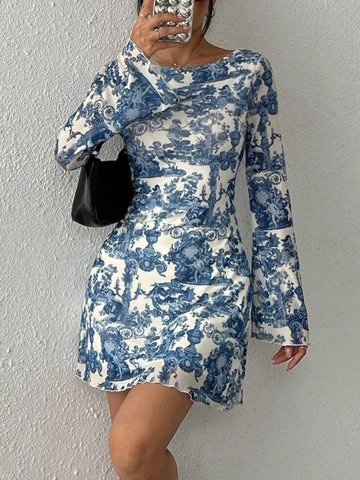 Bell Sleeve Toile Print Open Back Mini Dress