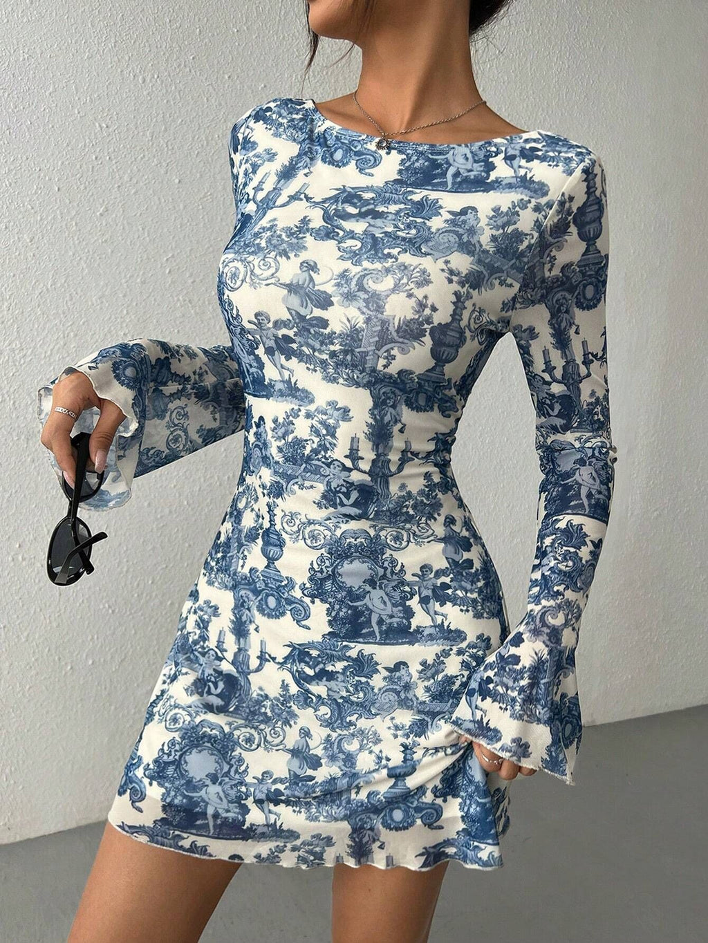 Bell Sleeve Toile Print Open Back Mini Dress - view 2