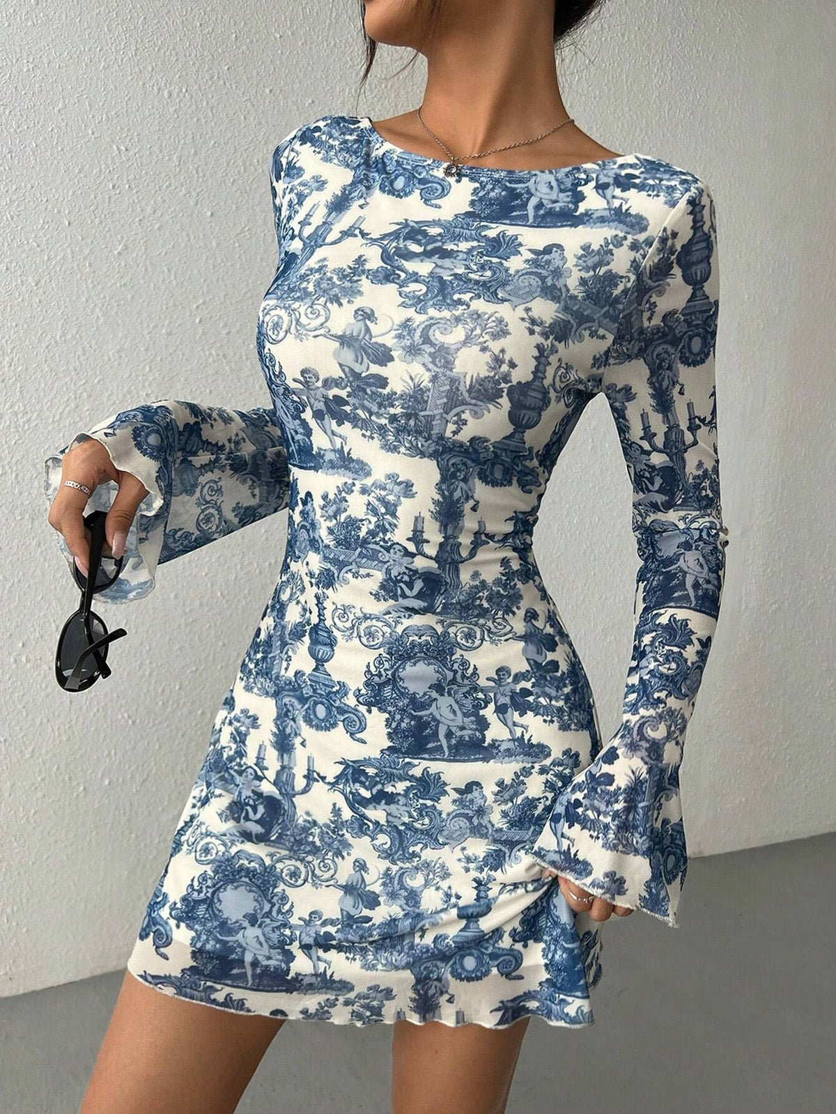 Bell Sleeve Toile Print Open Back Mini Dress - view 2
