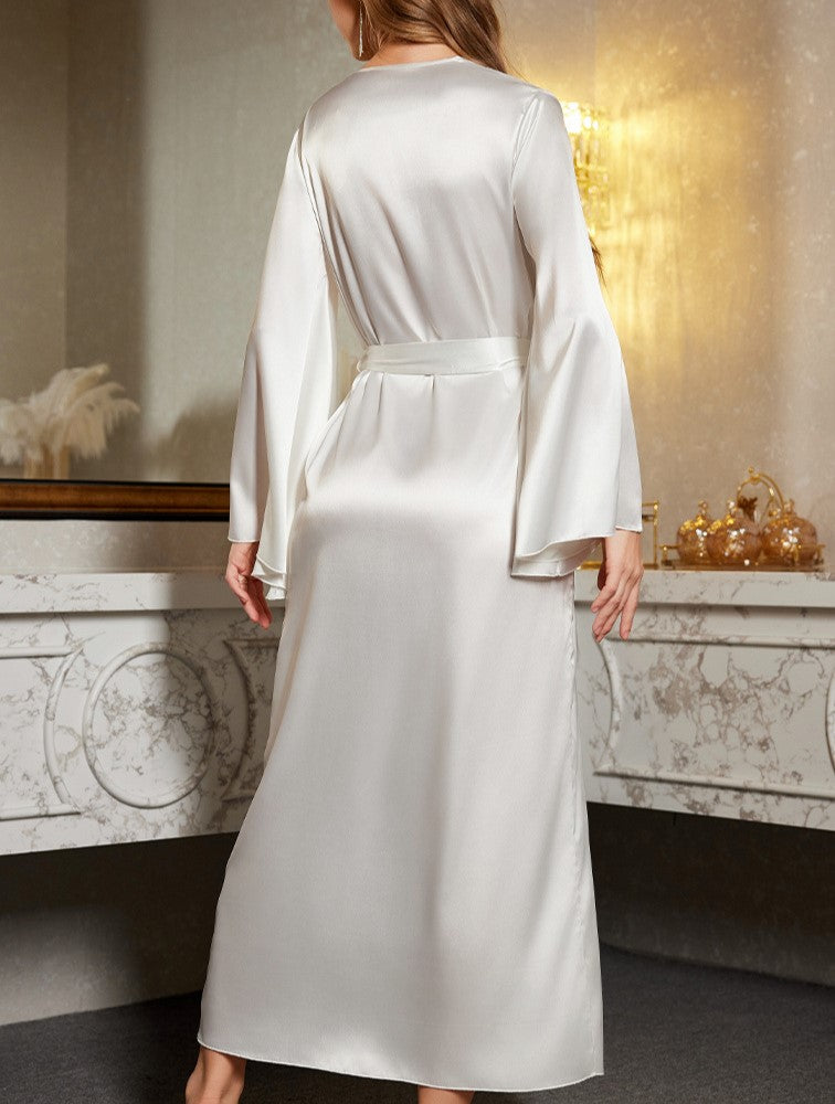 Lace Trim Long Satin Robe - White - 1