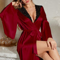 Lace Trim Long Satin Robe - Winered