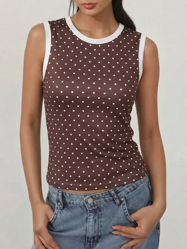 Polka Dot Cropped Ringer Tank Top - Coffee