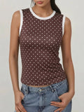 Polka Dot Cropped Ringer Tank Top - Coffee