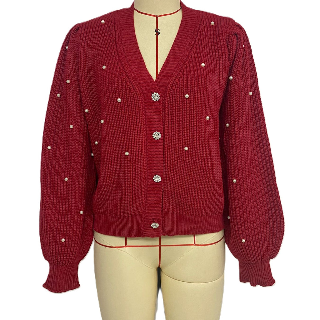 Pearl Embellished V Neck Knit Cardigan - Red
