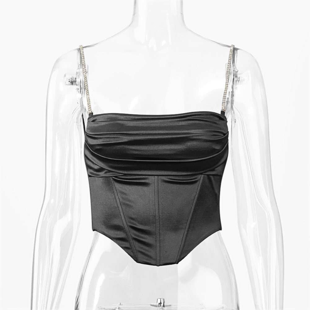 Boned Satin Bustier Top With Crystal Straps - Black - 2