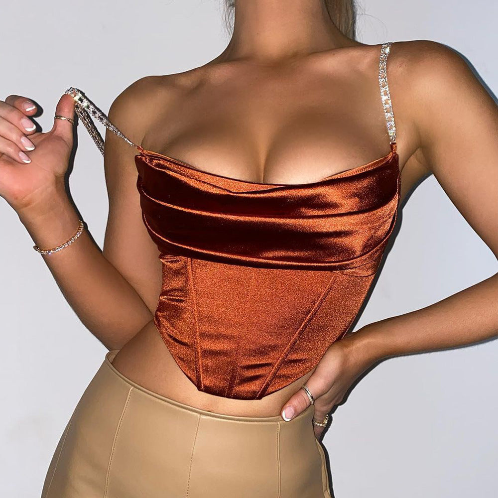 Boned Satin Bustier Top With Crystal Straps - Chocolate - 1