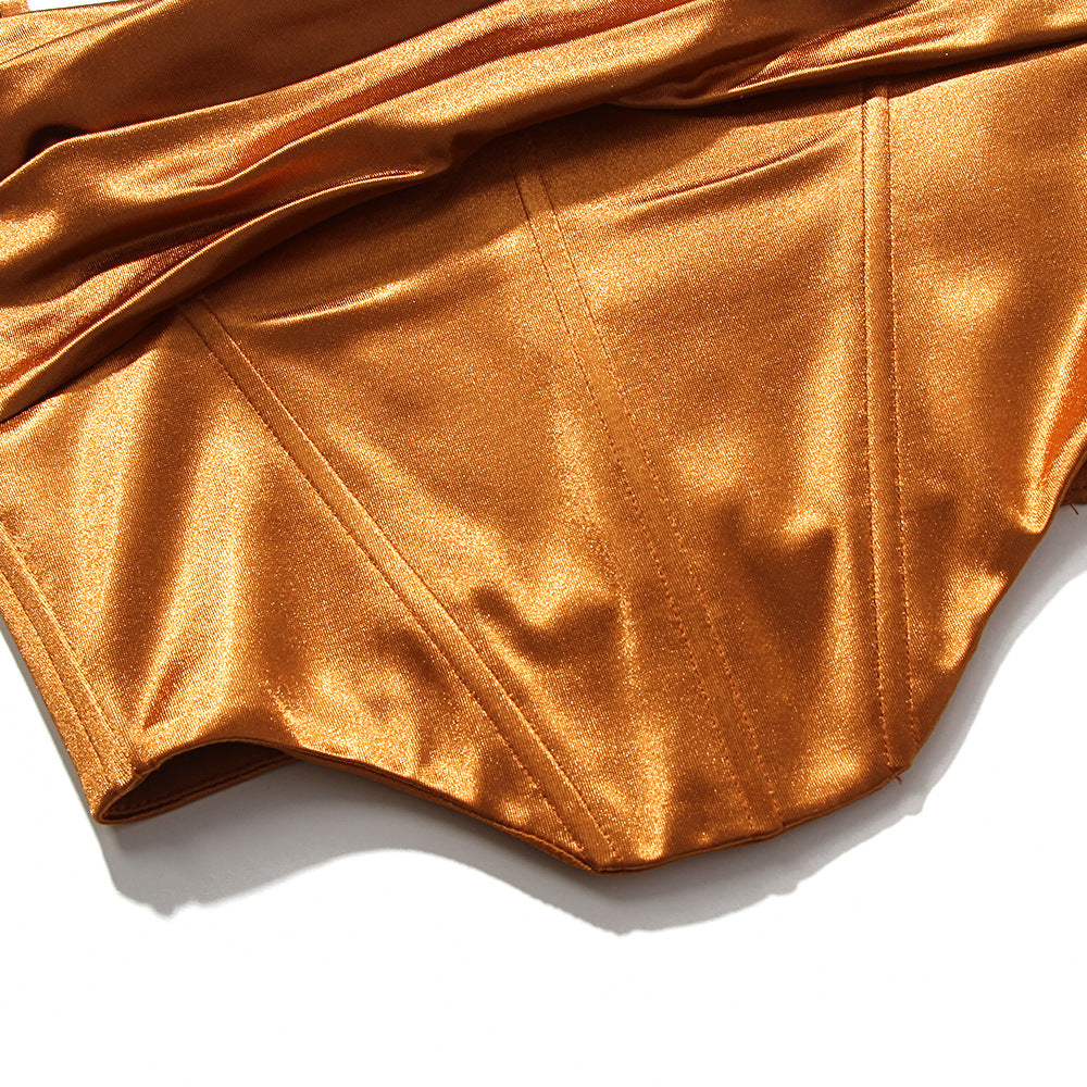 Boned Satin Bustier Top With Crystal Straps - Chocolate - 11