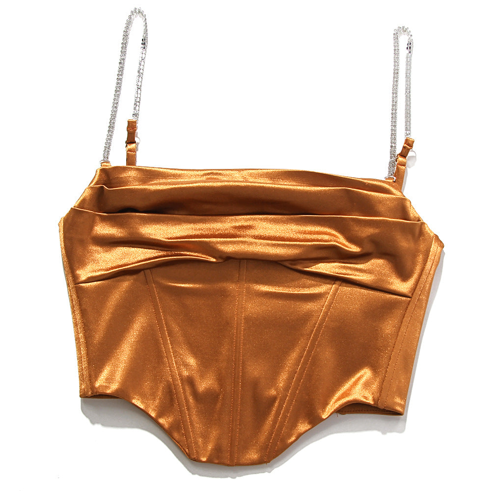 Boned Satin Bustier Top With Crystal Straps - Chocolate - 12