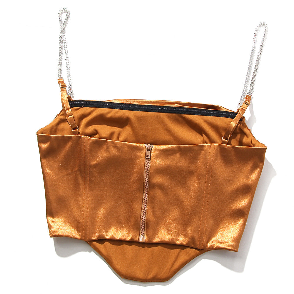 Boned Satin Bustier Top With Crystal Straps - Chocolate - 13