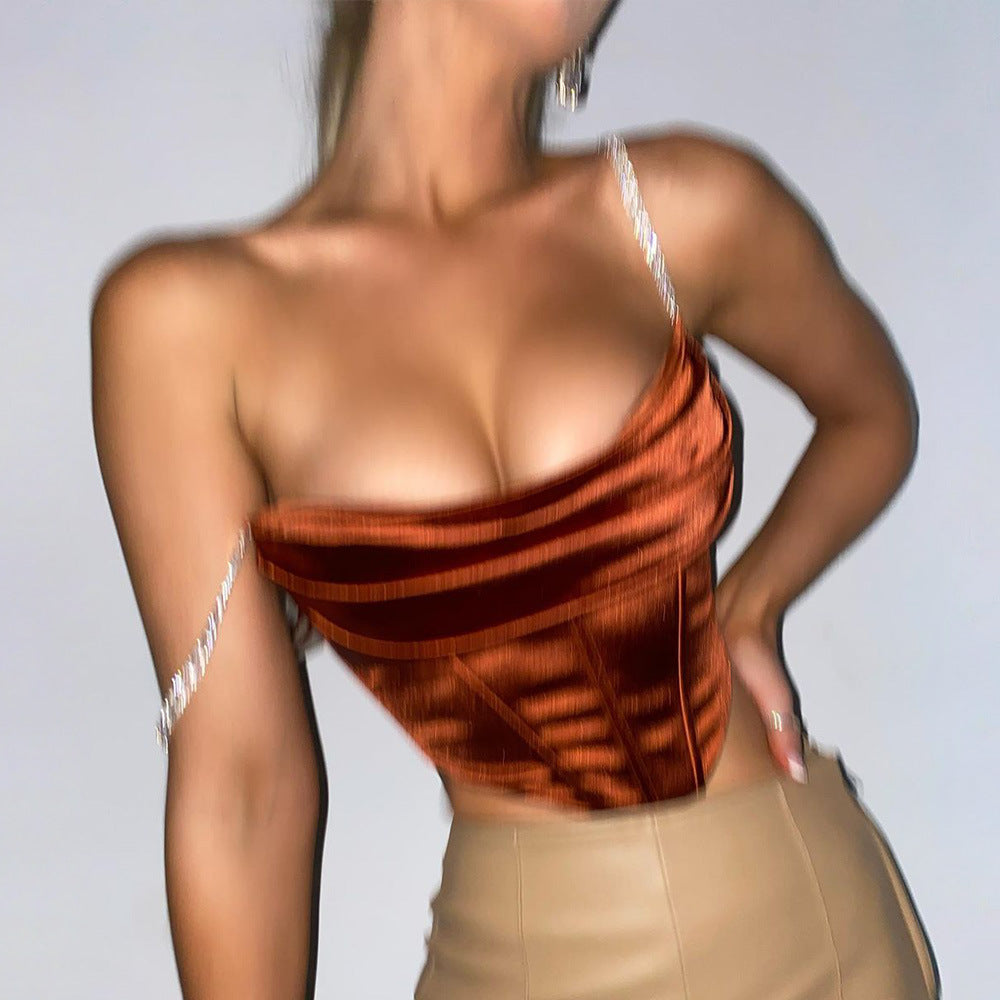 Boned Satin Bustier Top With Crystal Straps - Chocolate - 3