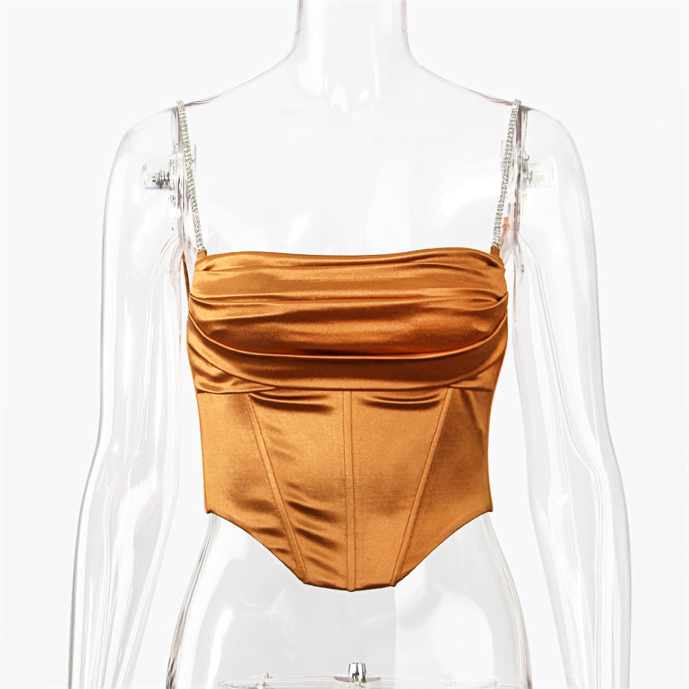 Boned Satin Bustier Top With Crystal Straps - Chocolate - 6