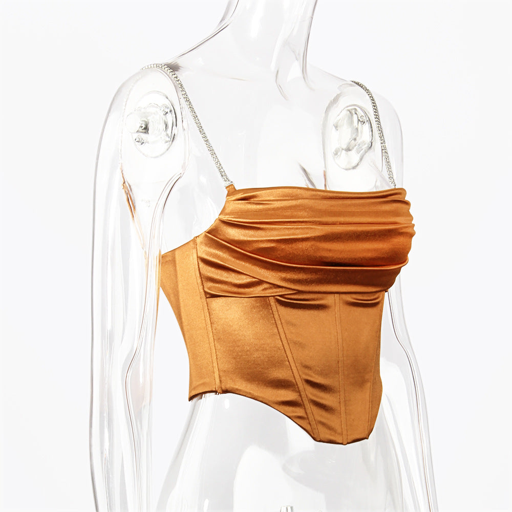 Boned Satin Bustier Top With Crystal Straps - Chocolate - 7