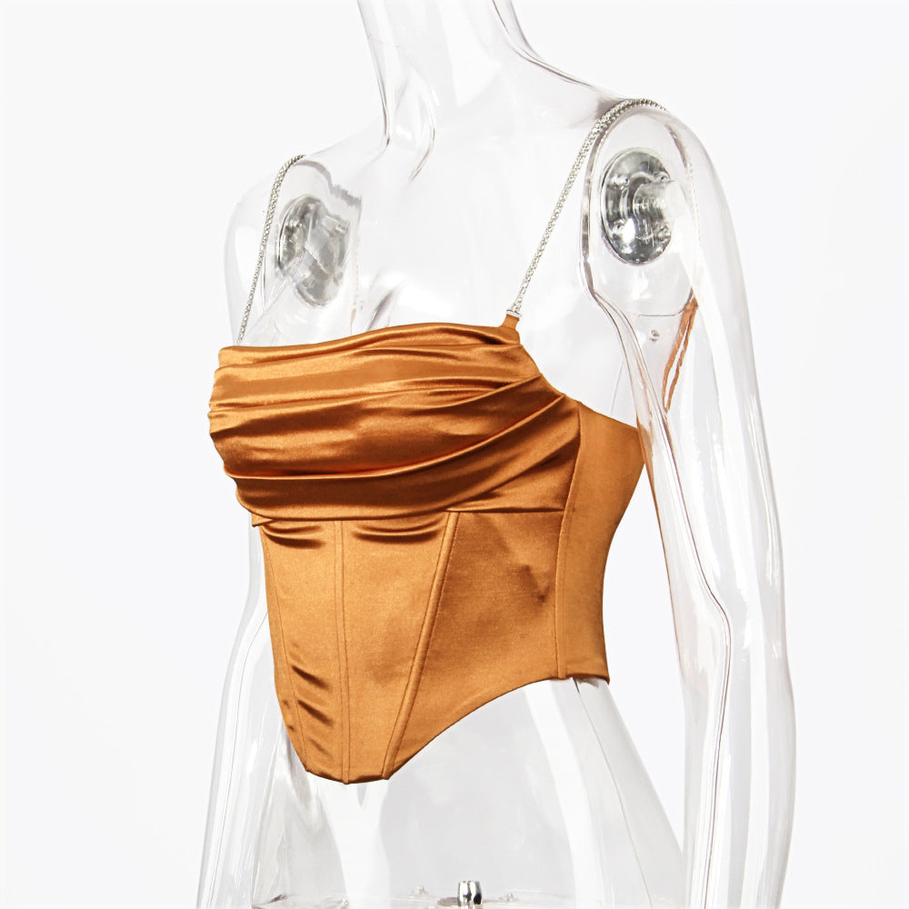 Boned Satin Bustier Top With Crystal Straps - Chocolate - 8