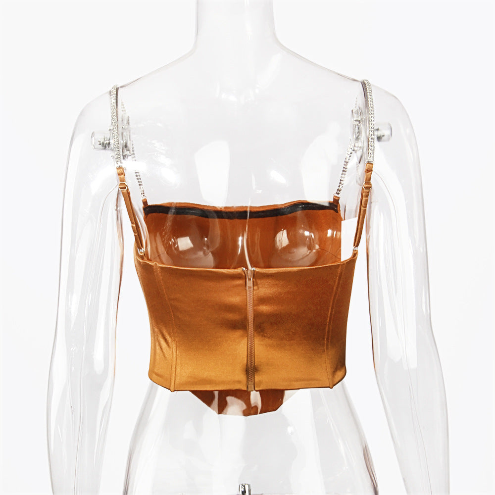 Boned Satin Bustier Top With Crystal Straps - Chocolate - 9