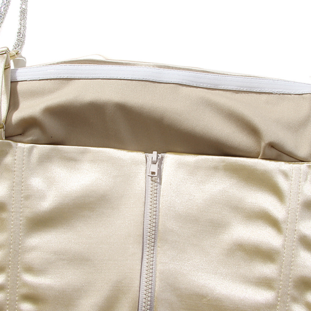 Boned Satin Bustier Top With Crystal Straps - Off white - 10