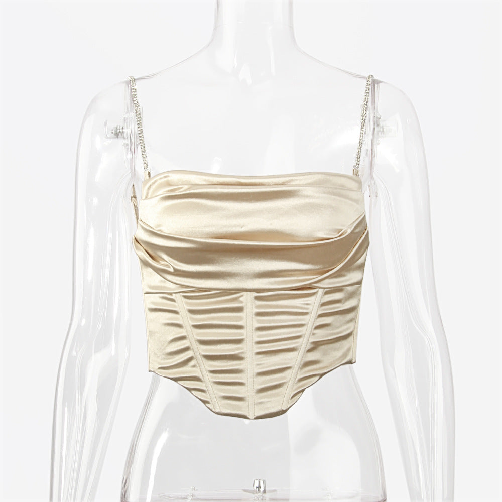 Boned Satin Bustier Top With Crystal Straps - Off white - 4