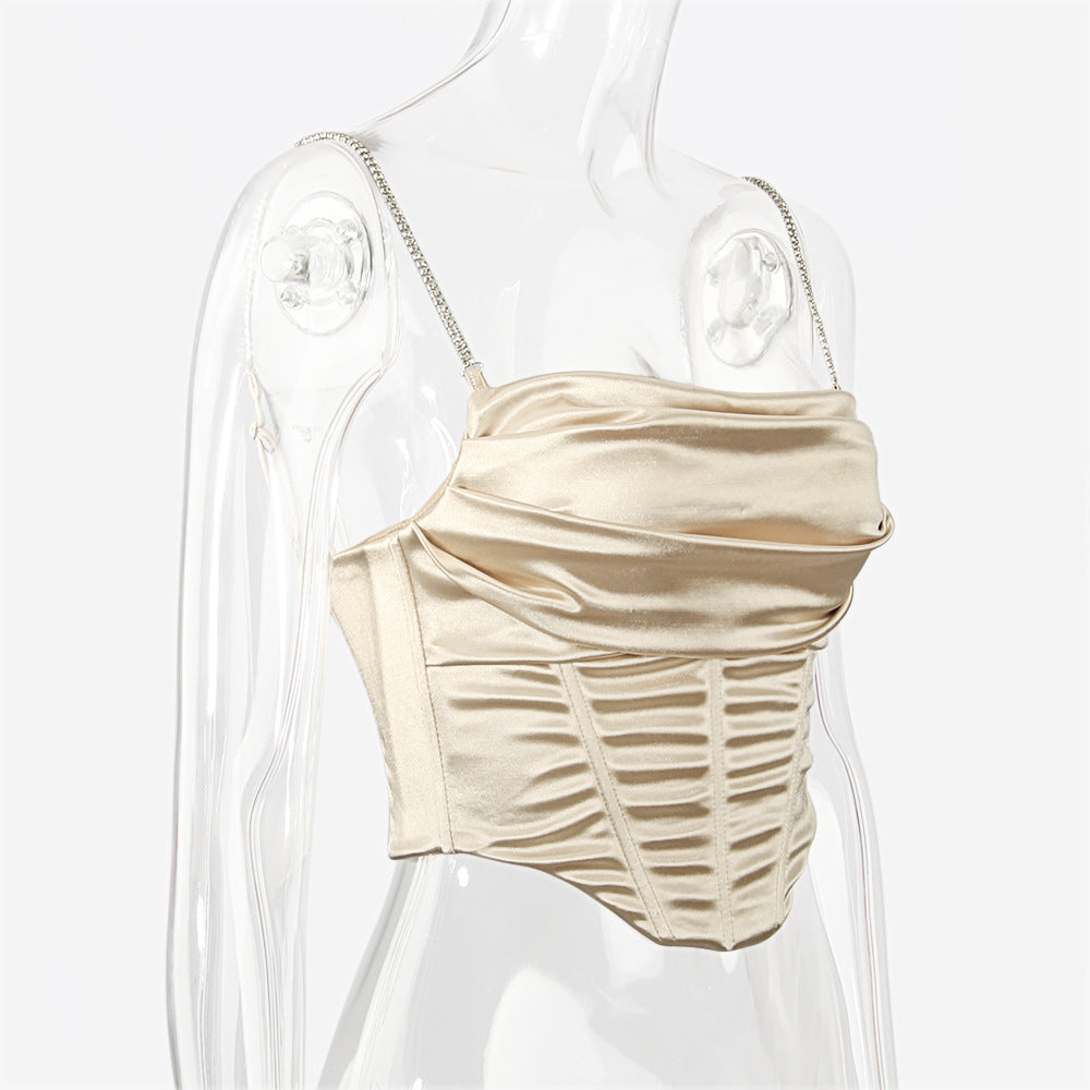 Boned Satin Bustier Top With Crystal Straps - Off white - 5