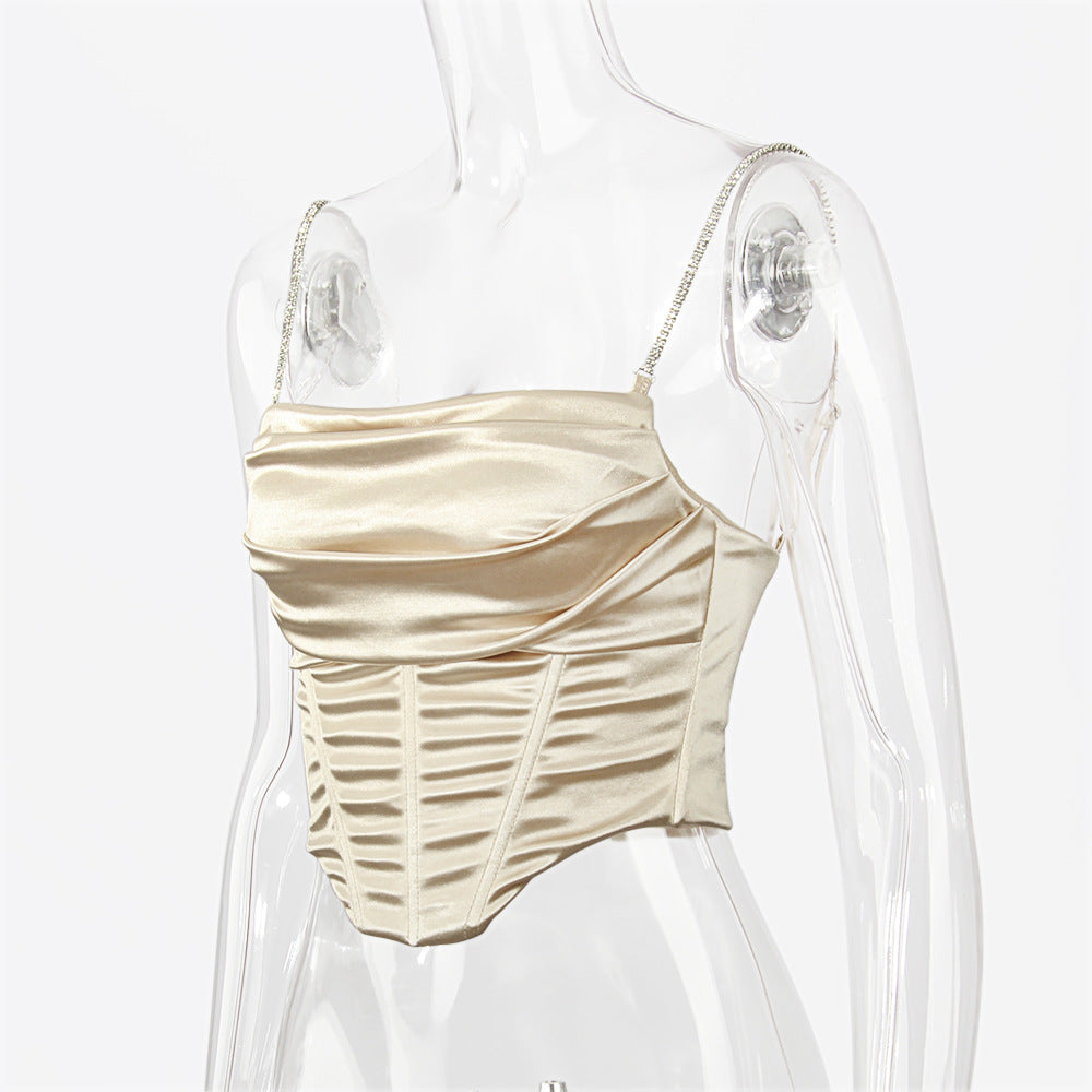 Boned Satin Bustier Top With Crystal Straps - Off white - 6