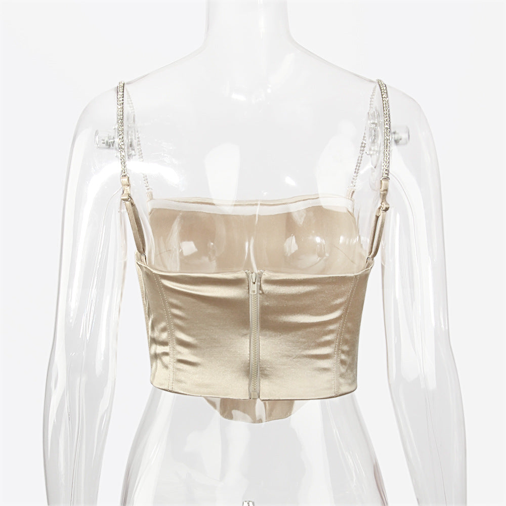 Boned Satin Bustier Top With Crystal Straps - Off white - 7