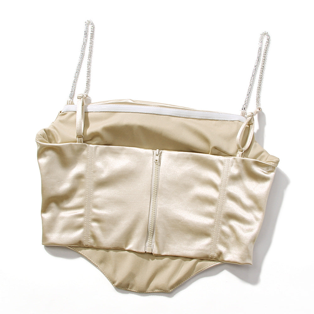 Boned Satin Bustier Top With Crystal Straps - Off white - 9