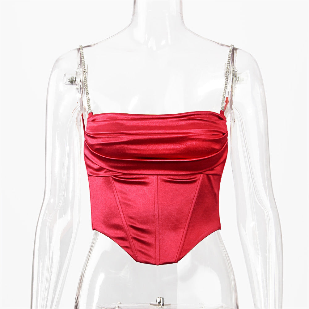 Boned Satin Bustier Top With Crystal Straps - Red - 3