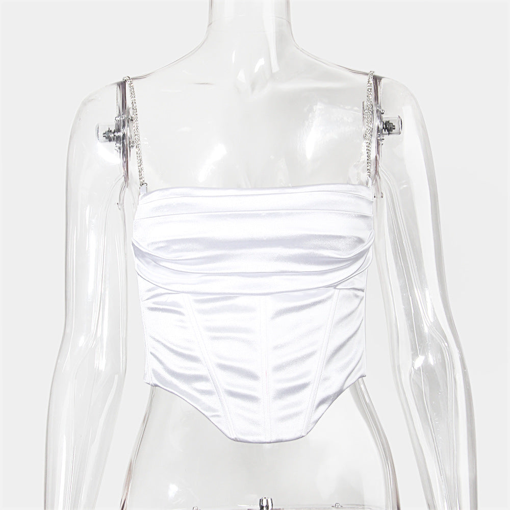 Boned Satin Bustier Top With Crystal Straps - White - 1