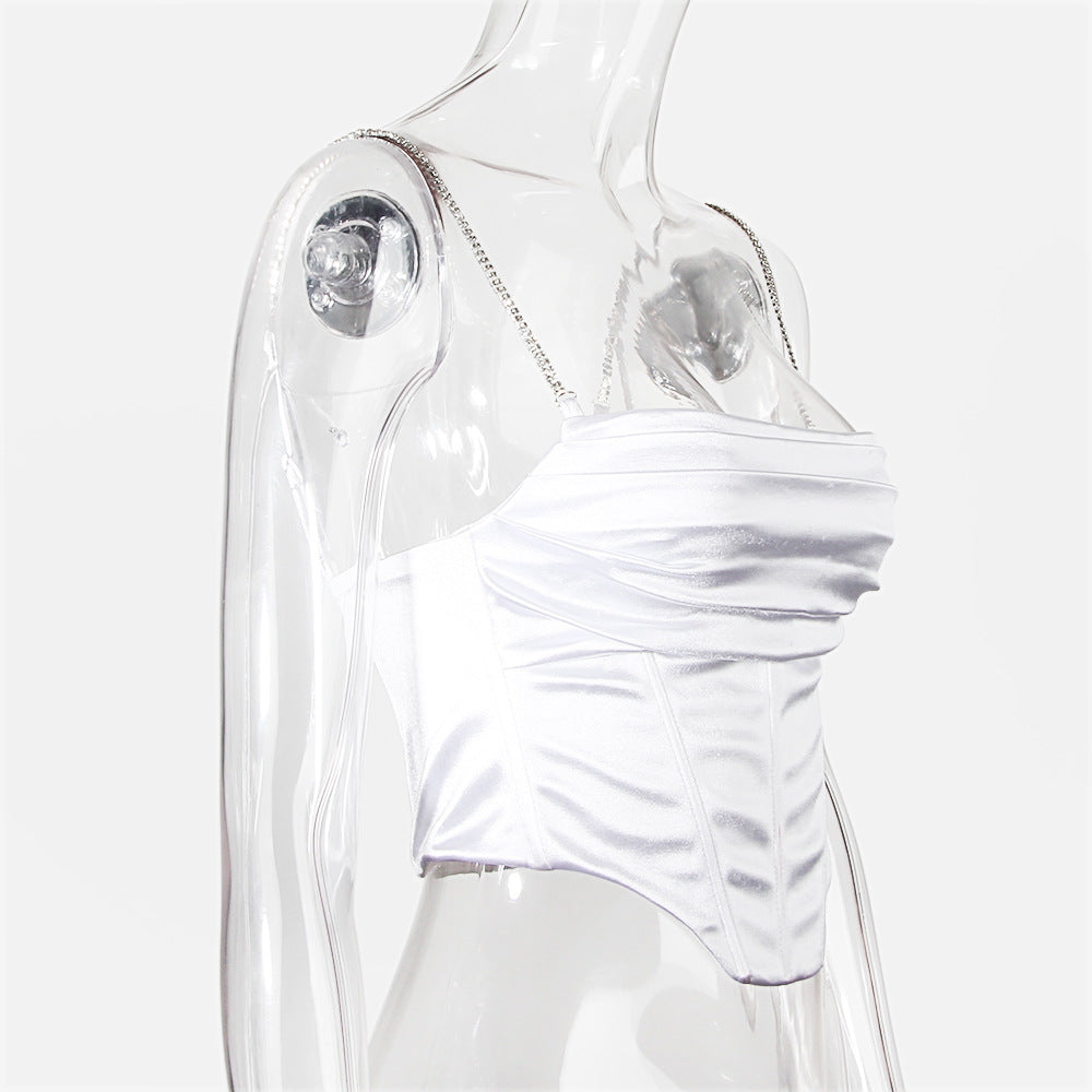 Boned Satin Bustier Top With Crystal Straps - White - 2