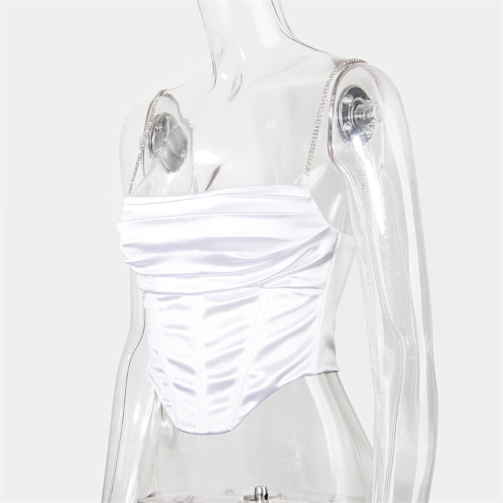 Boned Satin Bustier Top With Crystal Straps - White - 3