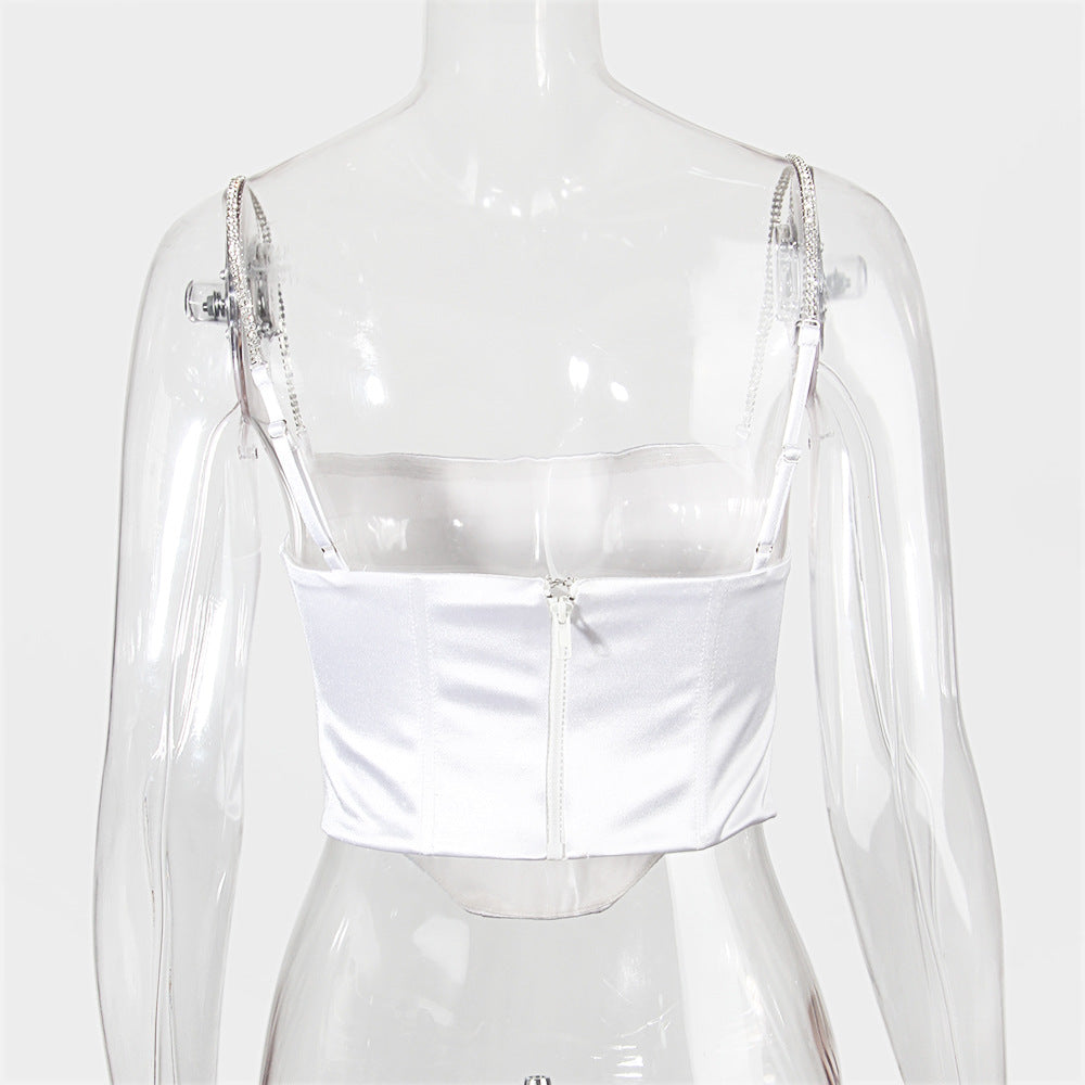 Boned Satin Bustier Top With Crystal Straps - White - 4