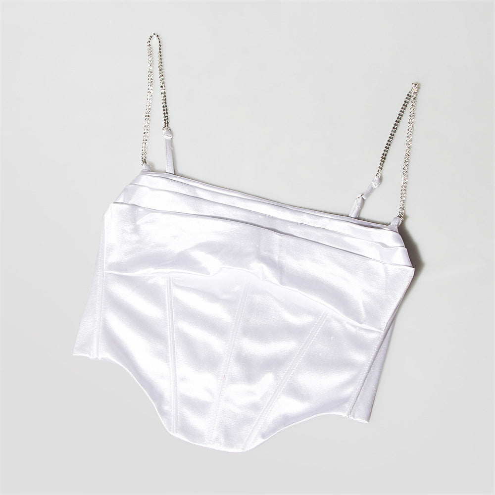 Boned Satin Bustier Top With Crystal Straps - White - 5