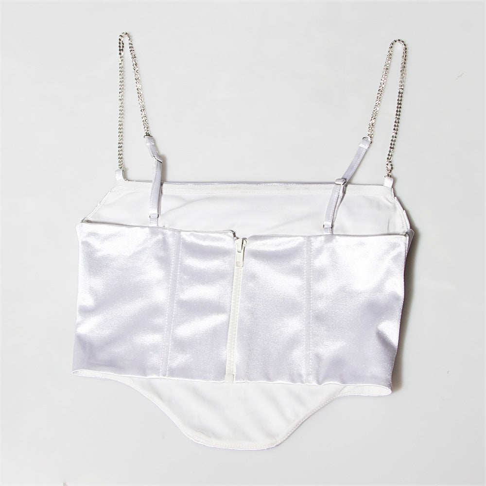 Boned Satin Bustier Top With Crystal Straps - White - 6