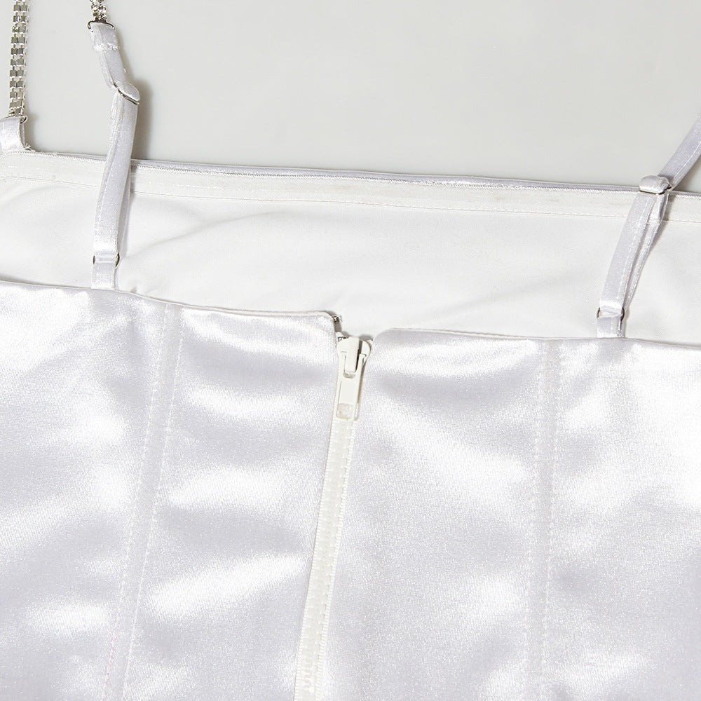 Boned Satin Bustier Top With Crystal Straps - White - 8