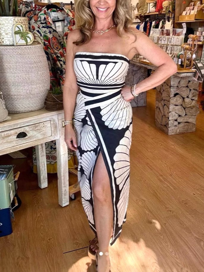 Shell Print Strapless Tube Maxi Dress - Black