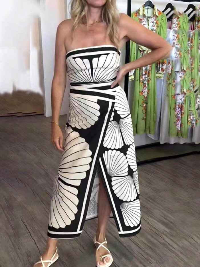 Shell Print Strapless Tube Maxi Dress - Black - 1