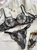 Sheer Lace Balconette Bra Thong Set - black