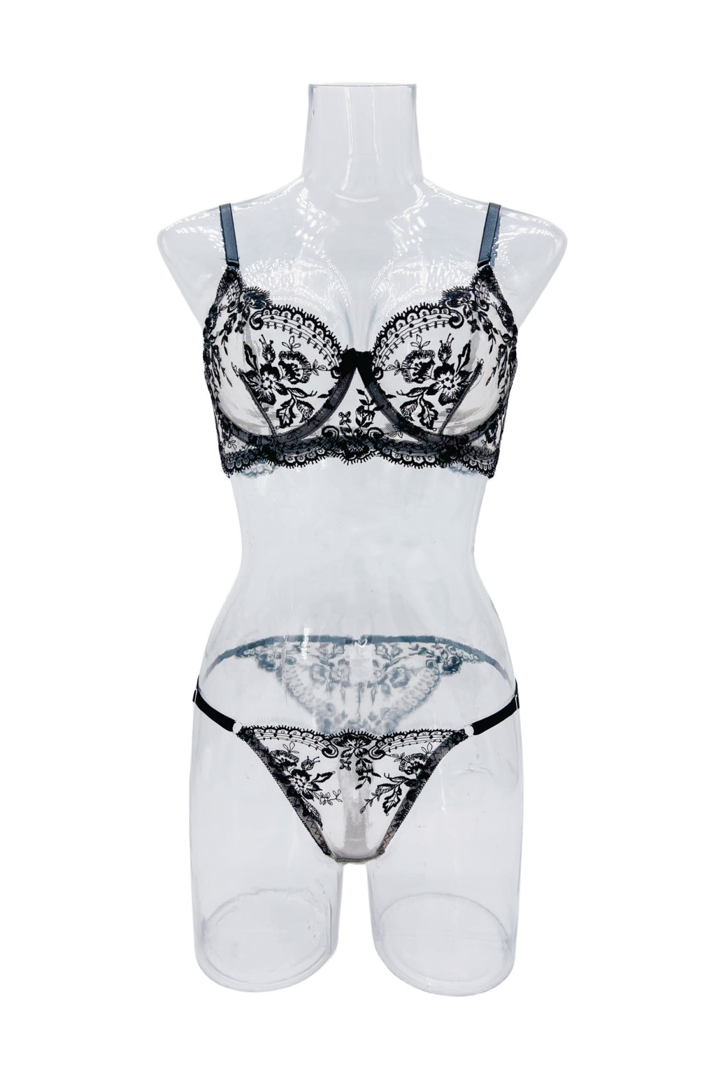 Sheer Lace Balconette Bra Thong Set - black - 7