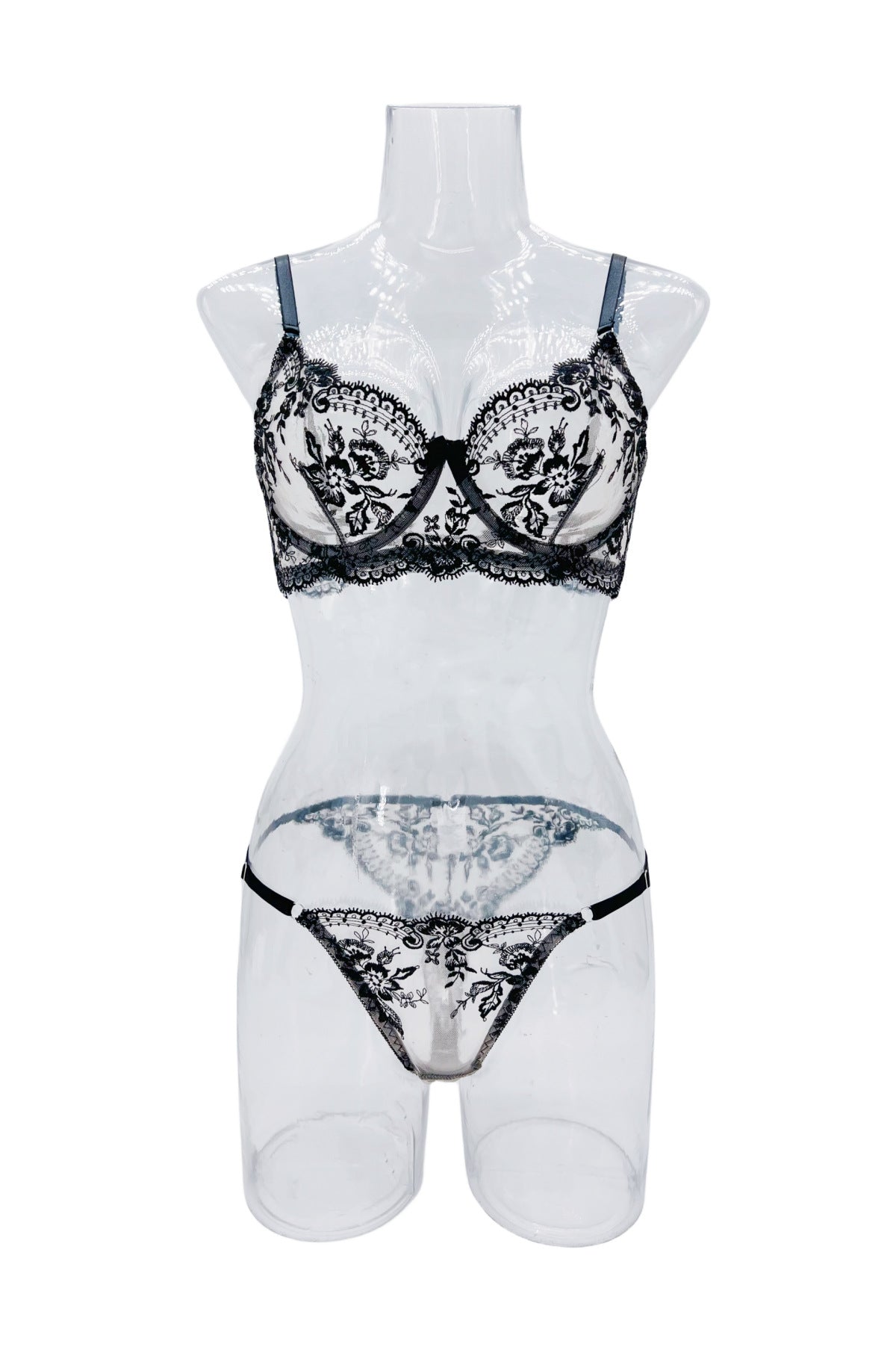 Sheer Lace Balconette Bra Thong Set - black - 7