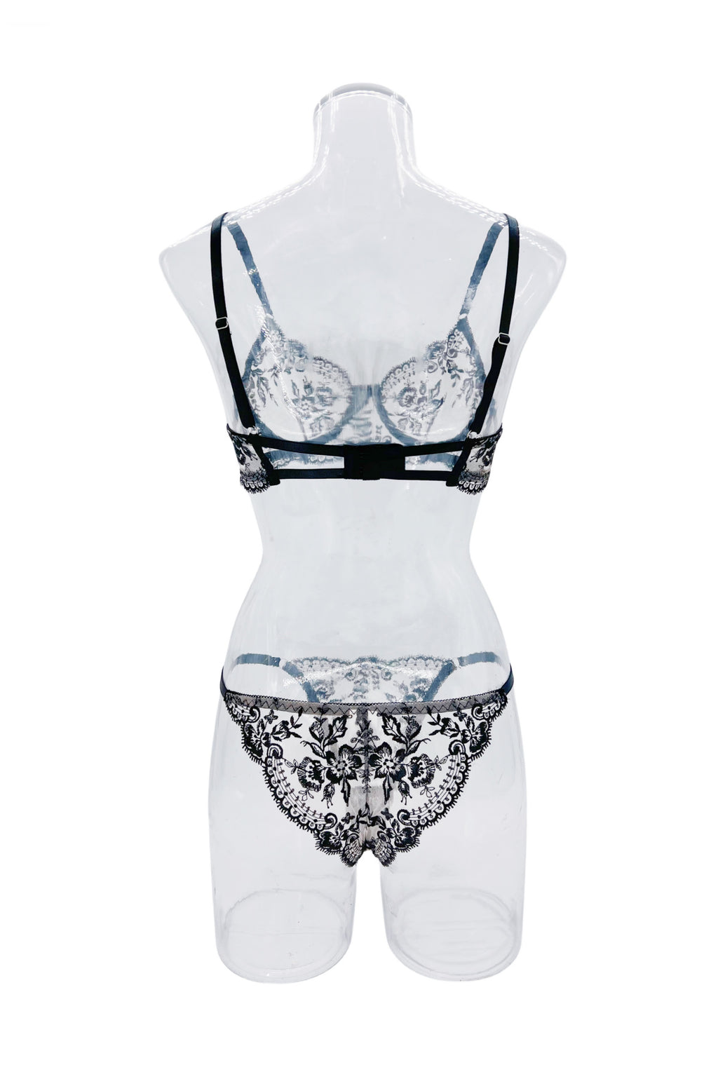 Sheer Lace Balconette Bra Thong Set - black - 9