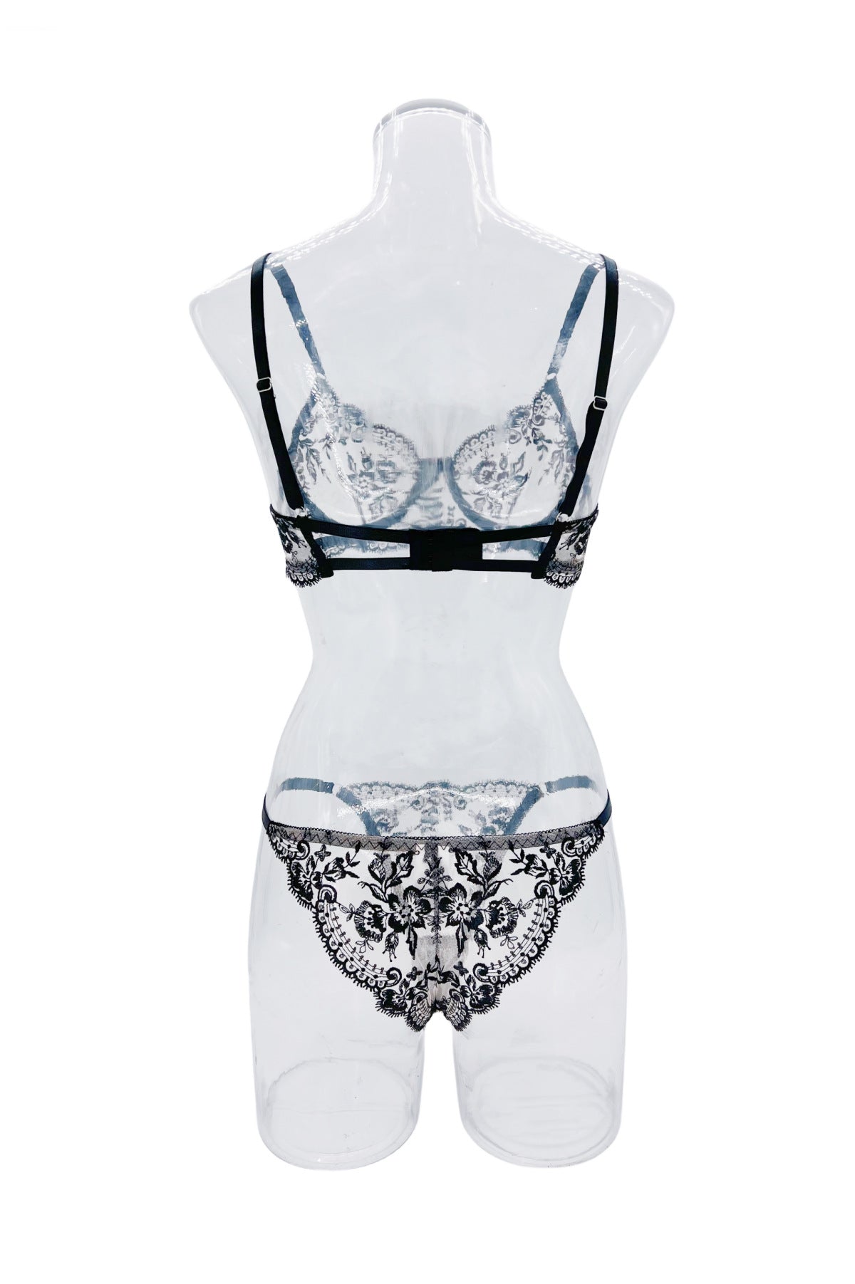 Sheer Lace Balconette Bra Thong Set - black - 9