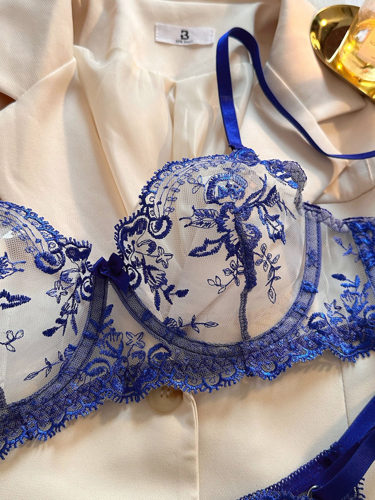 Sheer Lace Balconette Bra Thong Set - blue - 1