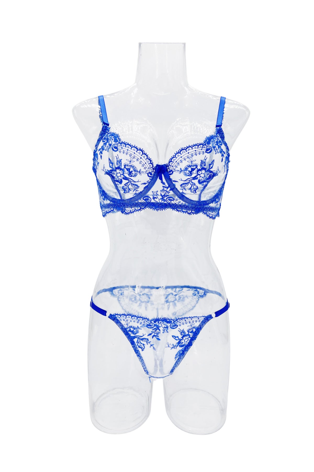 Sheer Lace Balconette Bra Thong Set - blue - 7