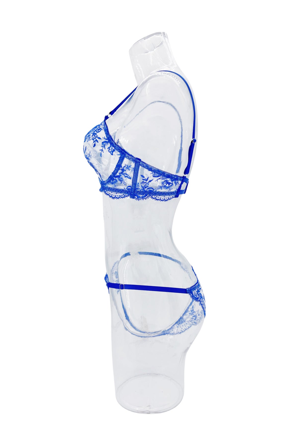 Sheer Lace Balconette Bra Thong Set - blue - 8