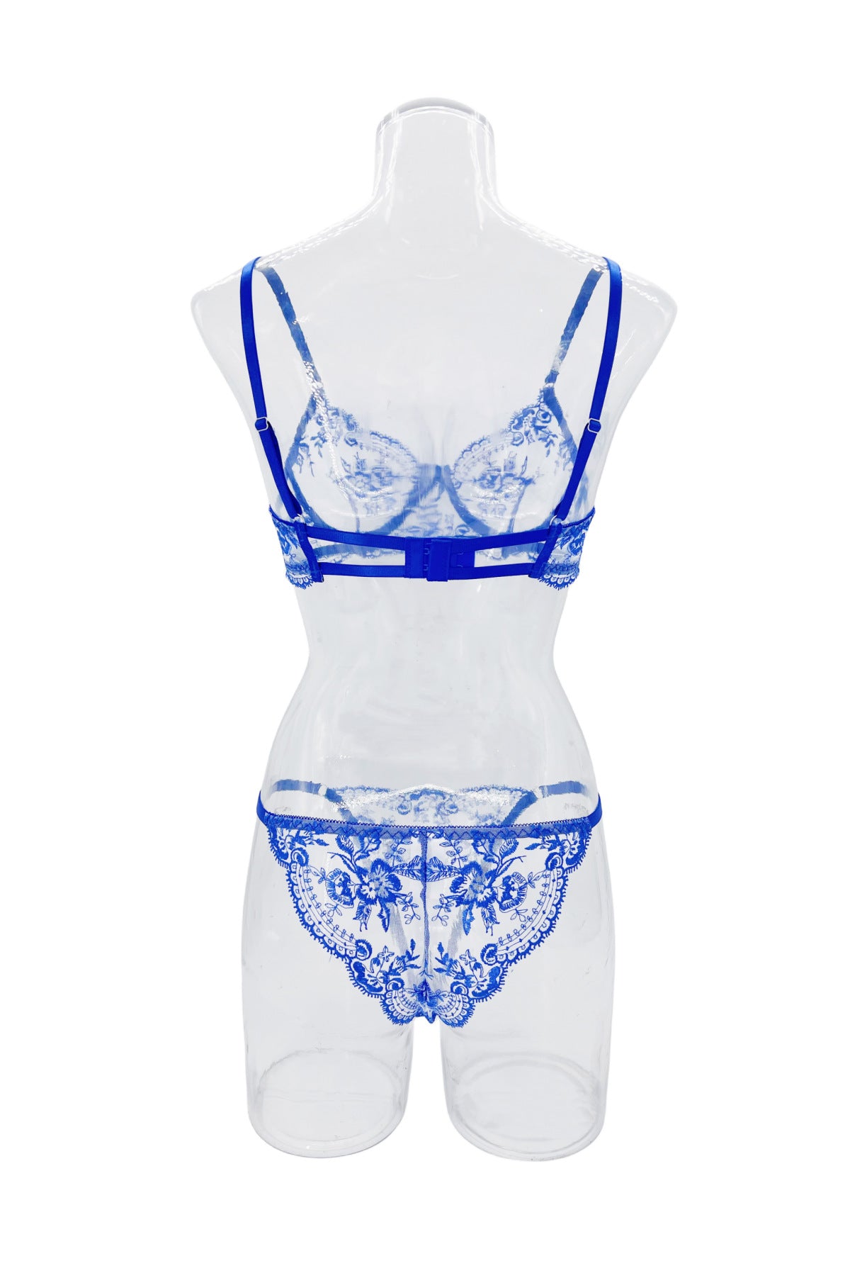 Sheer Lace Balconette Bra Thong Set - blue - 9