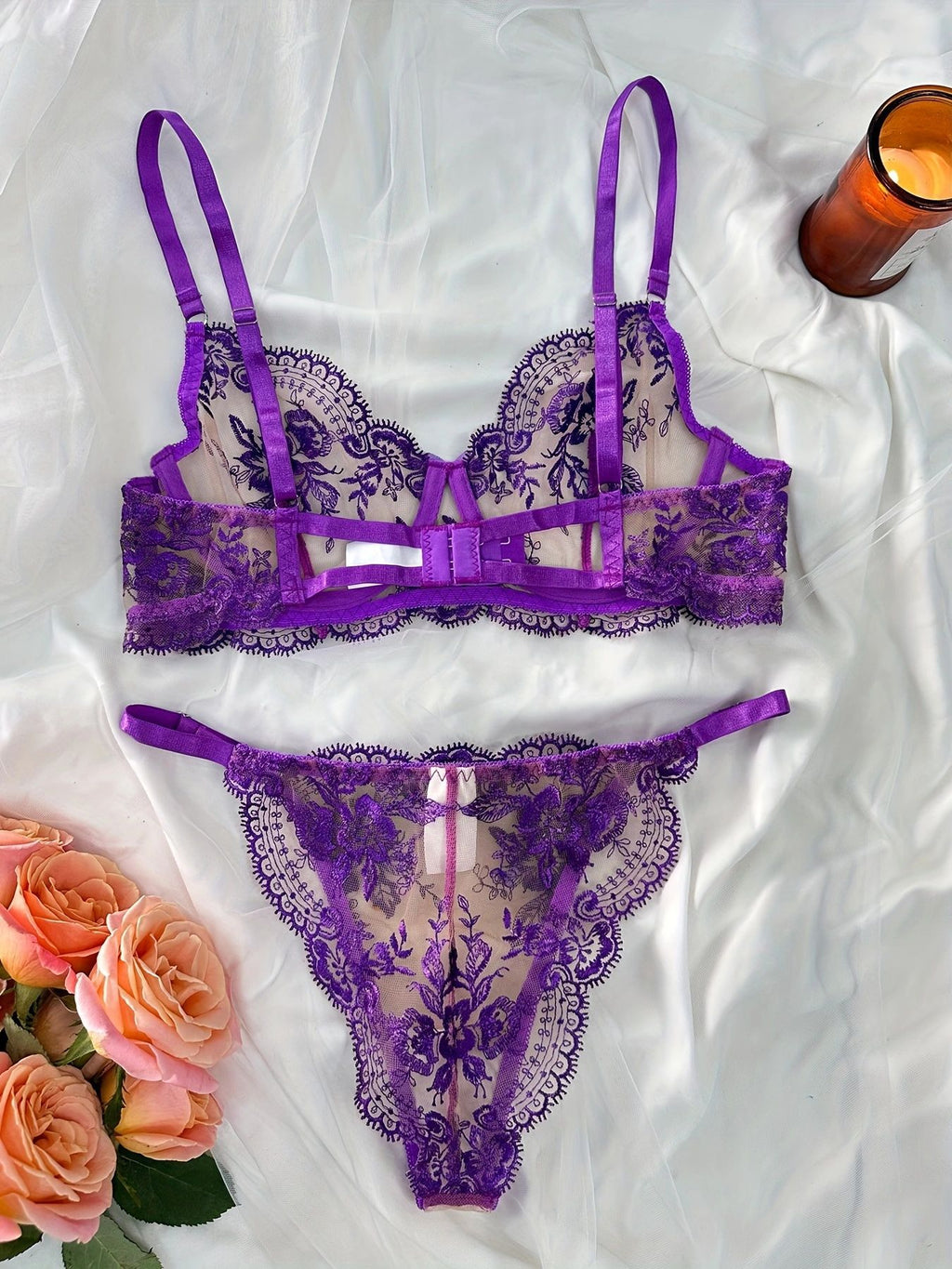 Sheer Lace Balconette Bra Thong Set - purple - 2