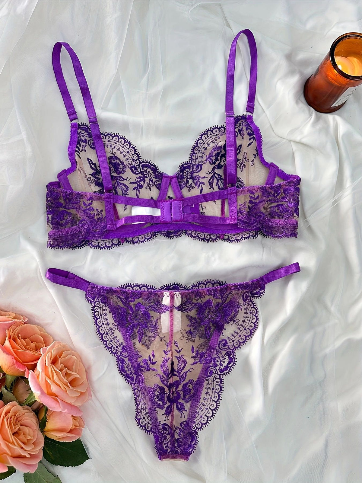 Sheer Lace Balconette Bra Thong Set - purple - 2