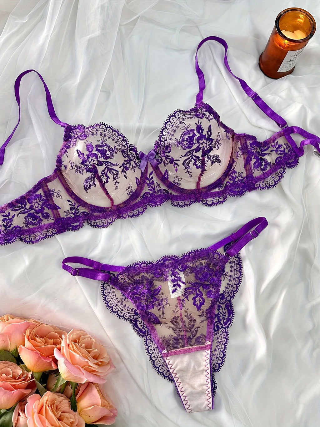 Sheer Lace Balconette Bra Thong Set - purple - 3
