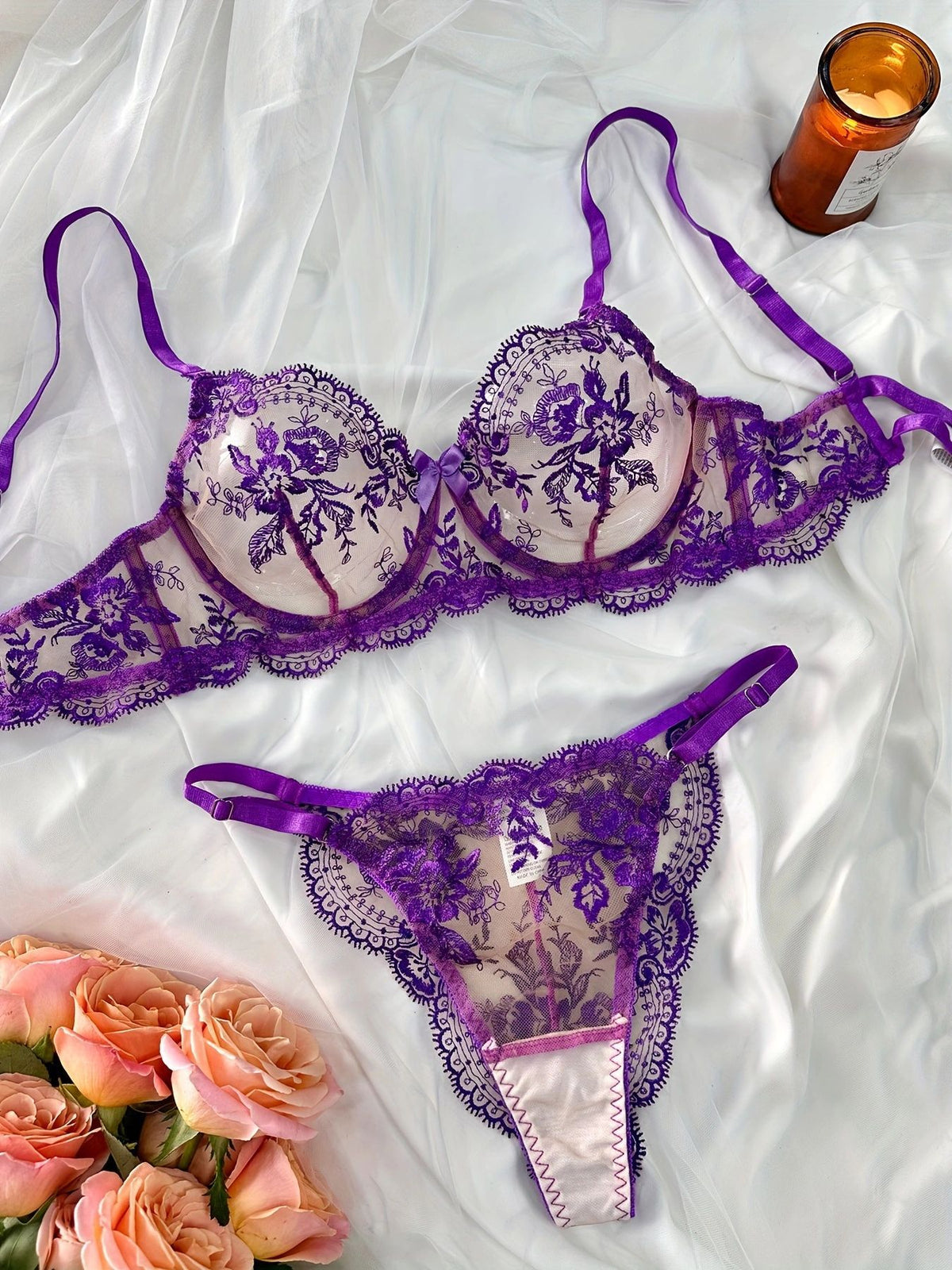Sheer Lace Balconette Bra Thong Set - purple - 3