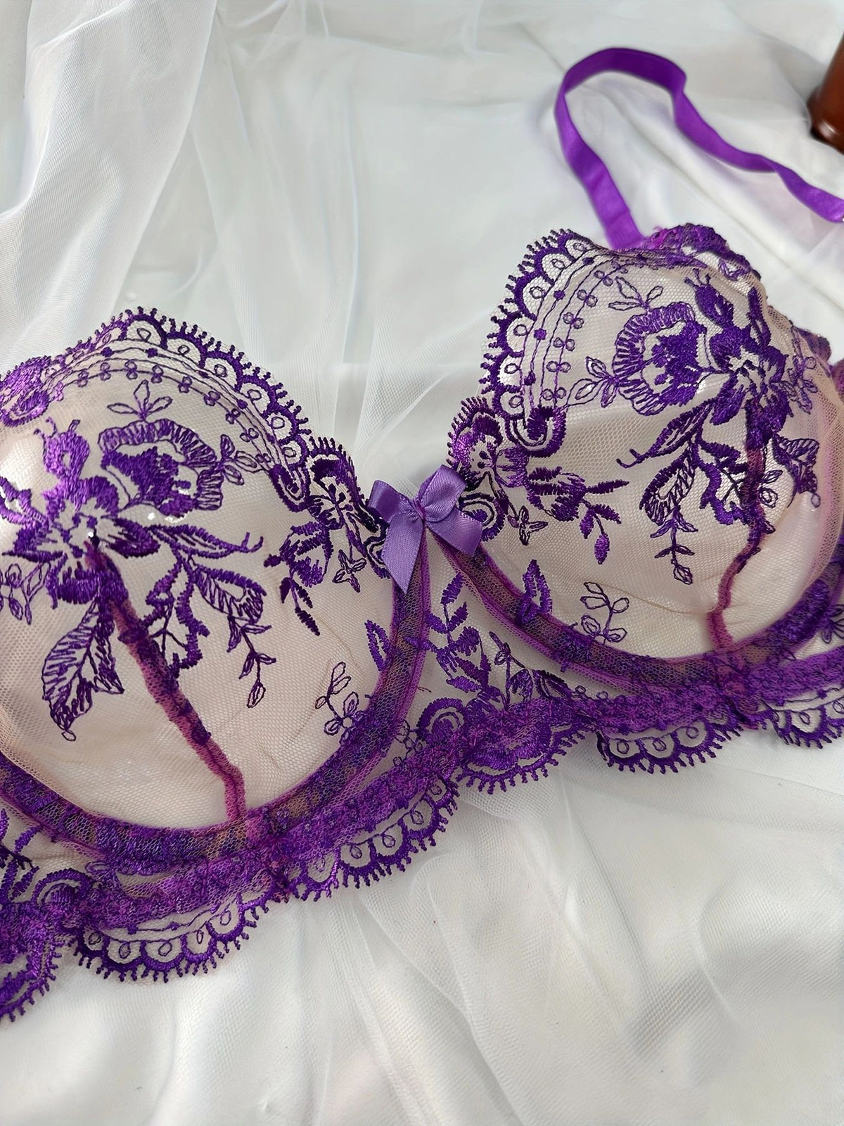 Sheer Lace Balconette Bra Thong Set - purple - 4